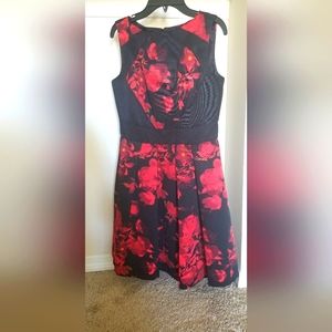TAYLOR  RED & BLACK VINTAGE FLORAL PRINT COCKTAIL A LINE PLEATED DRESS SIZE: 6P